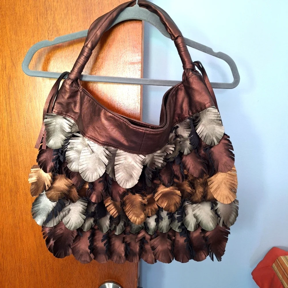 Bueno Boho Feathered Bronze Silver And Gold Shoulder Bag